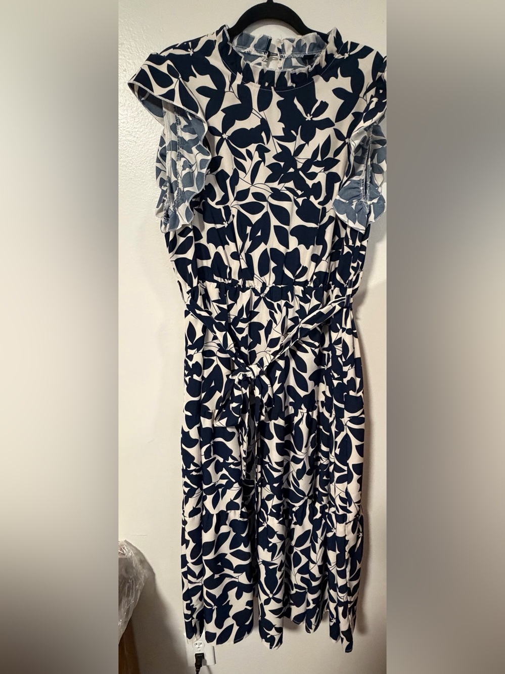 SHEIN Navy and White Leaf-Print Midi Tie-Waist Dress